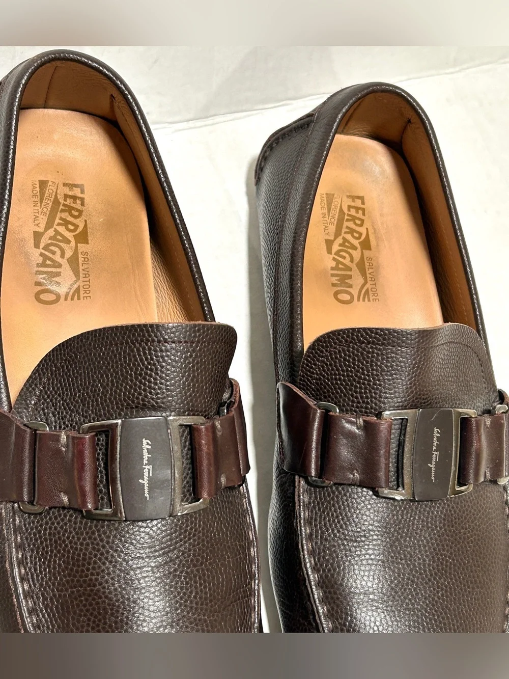 Salvatore Ferragamo Dark Brown Pebbled Leather Bit Loafers